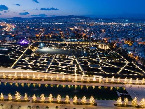 Large landscaped roof by night